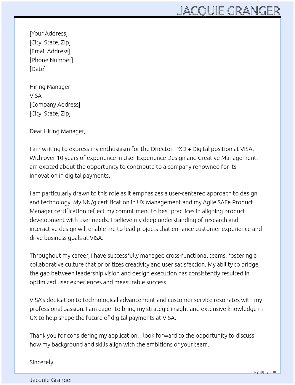 Director, PXD + Digital At VISA Cover Letter