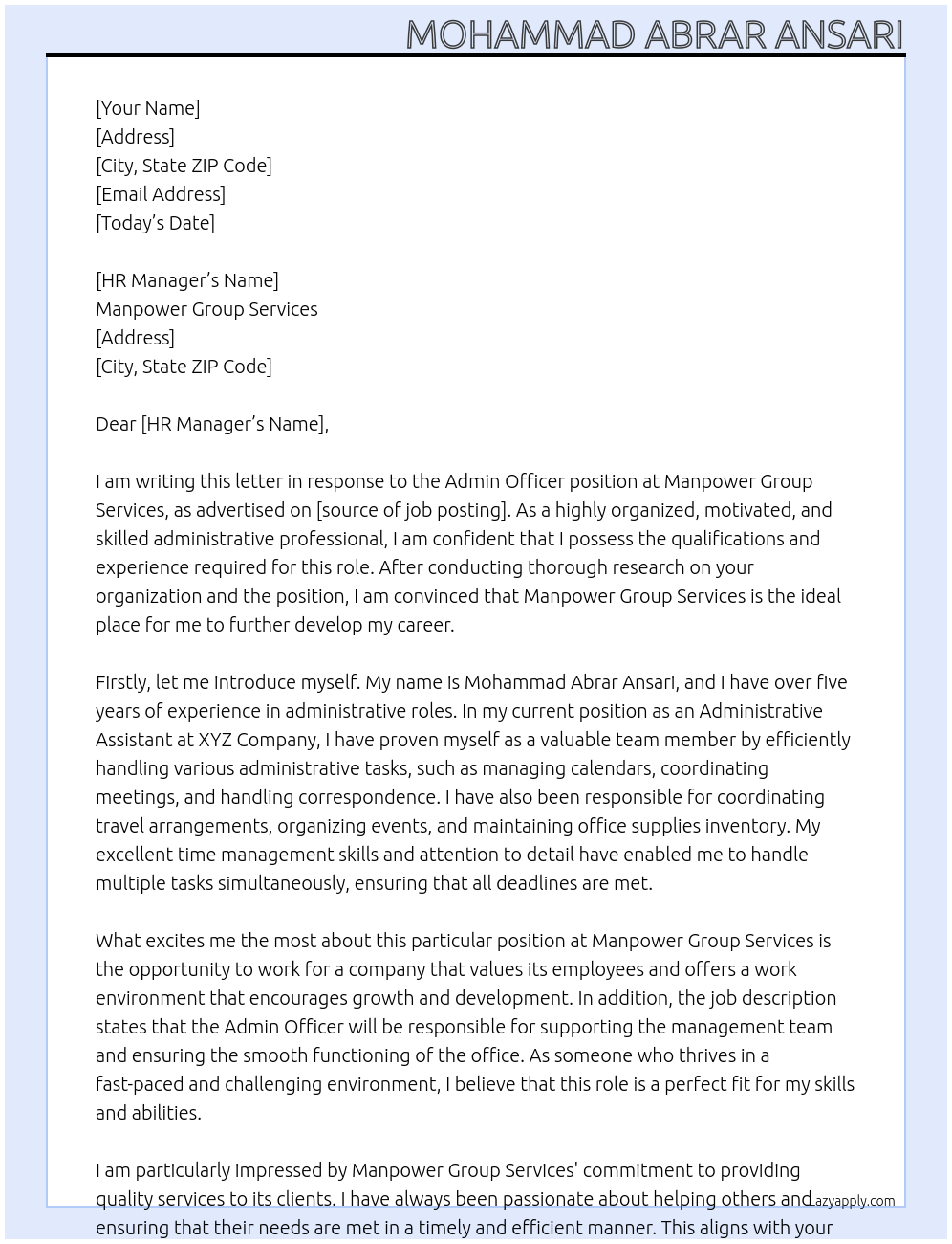 Admin Officer At Manpower Group services Cover Letter