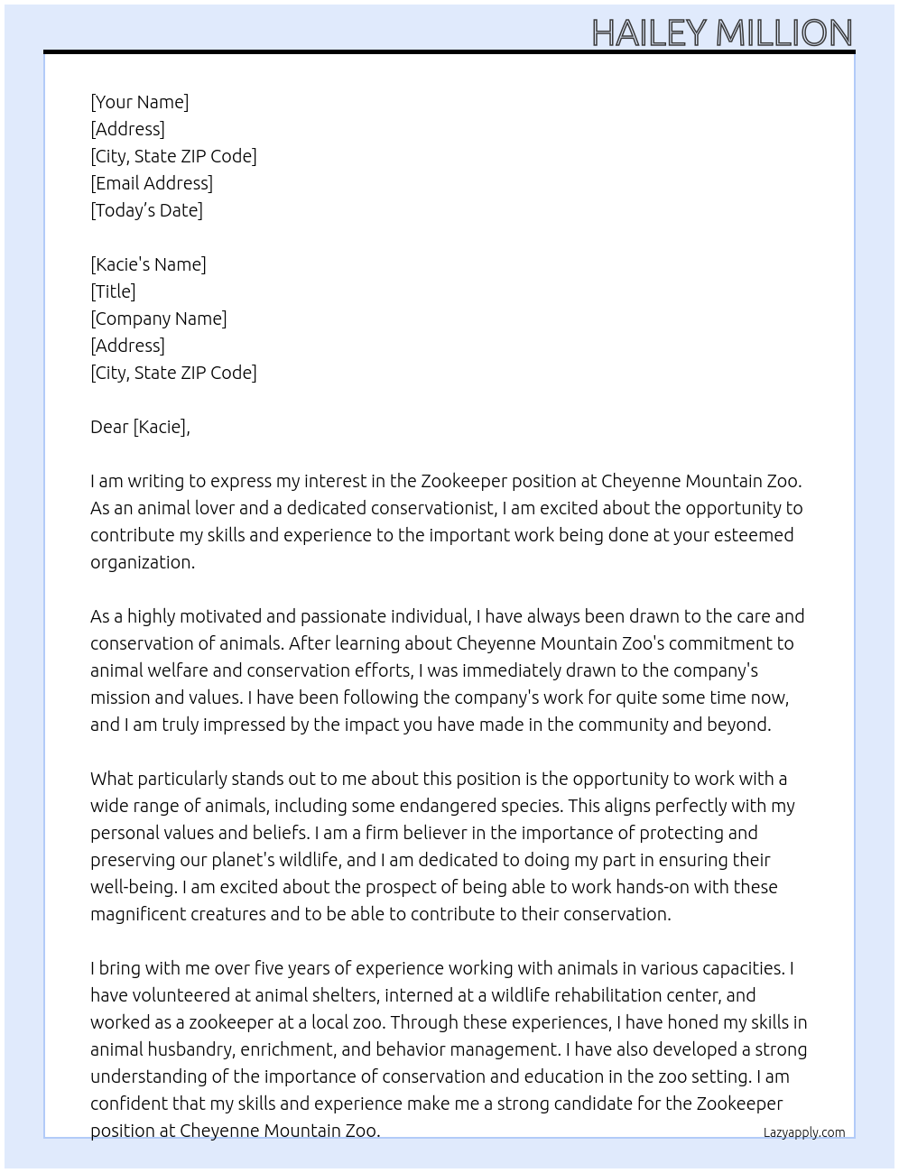Zookeeper At Cheyenne Mountain Zoo Cover Letter