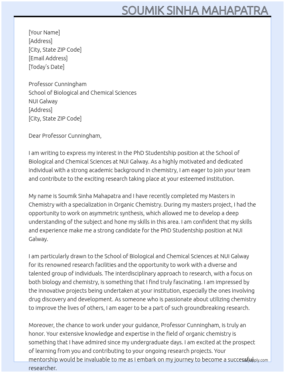 PhD Studentship At School of Biological and Chemical Sciences NUI Galway Cover Letter