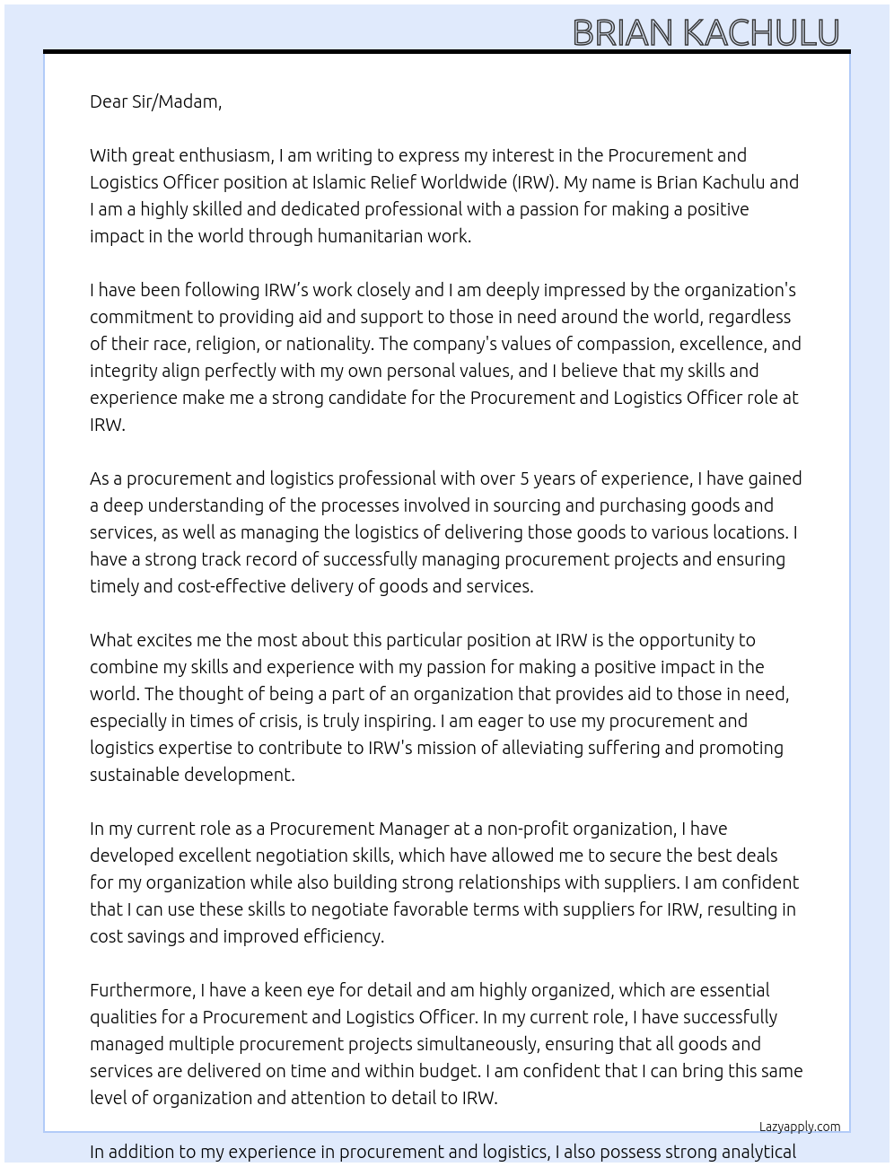 PROCUREMENT AND LOGISTICS OFFICER At Islamic Relief Worldwide (IRW) Cover Letter