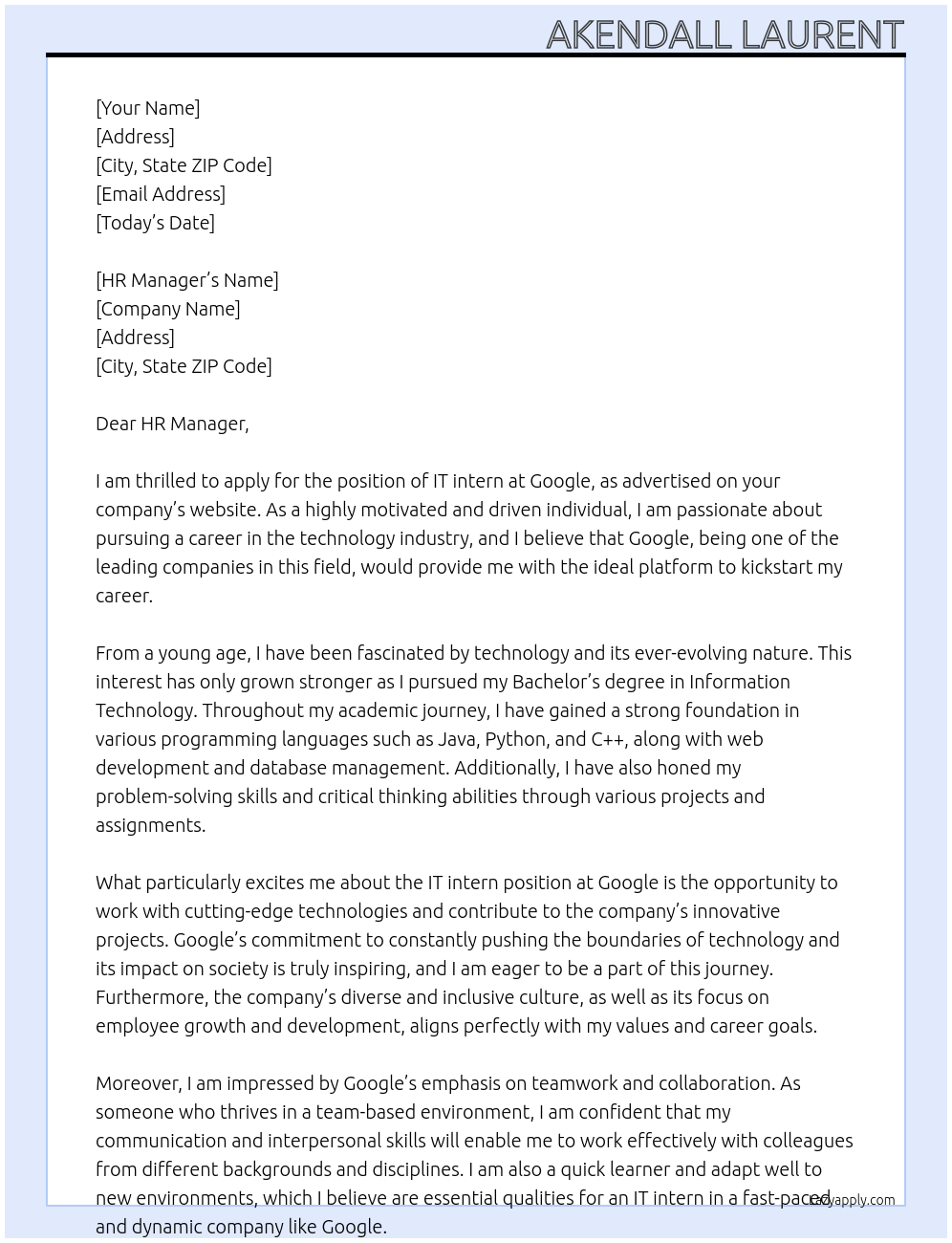 IT intern At Google Cover Letter