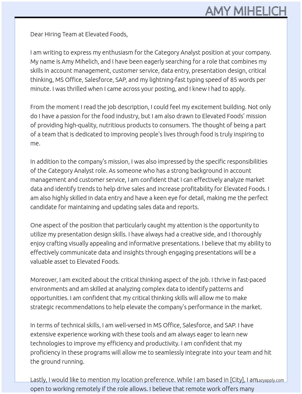 Category Analyst At Elevated Foods Cover Letter