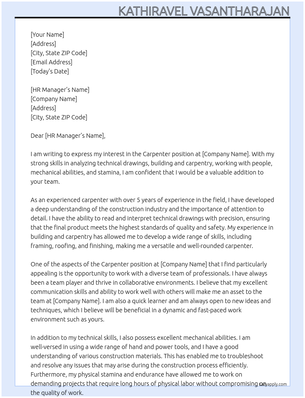 Carpenter At Company Cover Letter