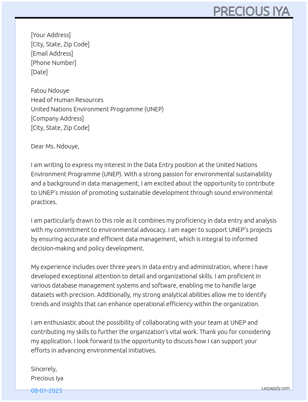 Data entry At United Nations Environmental Programme Cover Letter