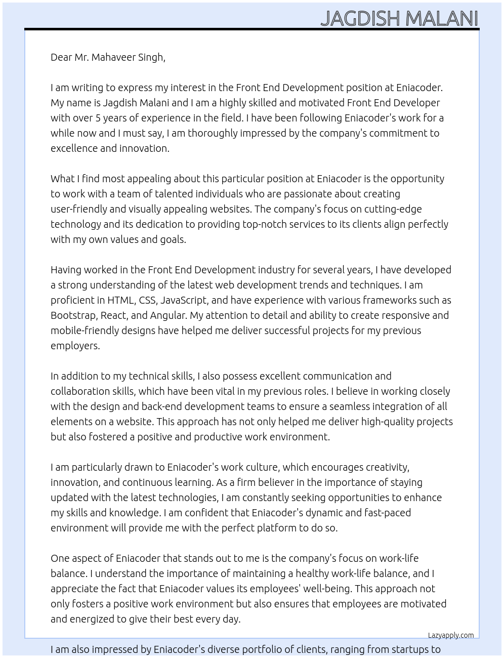 Front End Development At Eniacoder Cover Letter