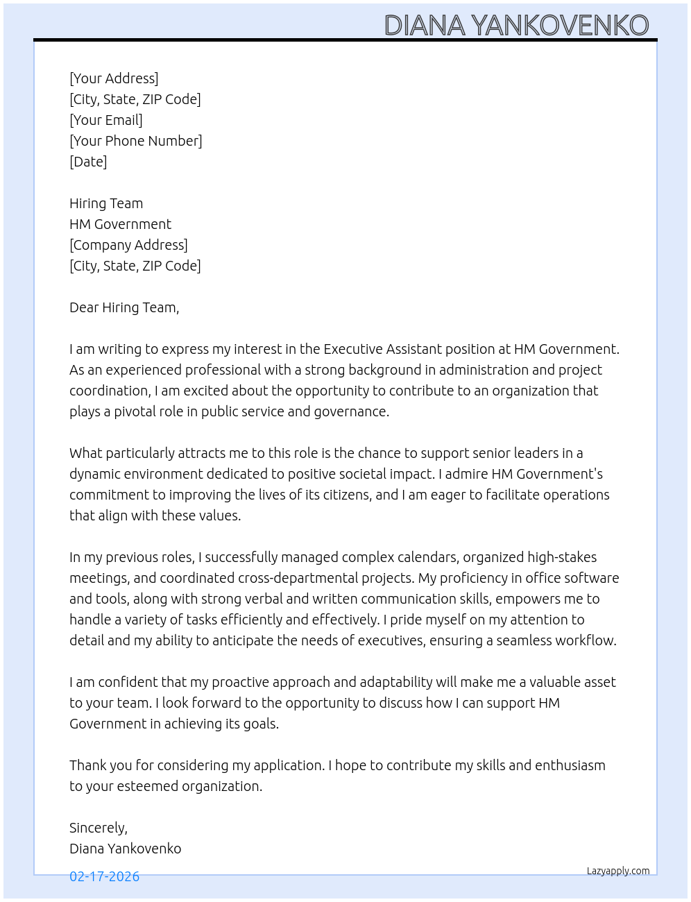 Executive assistant At HM Government Cover Letter