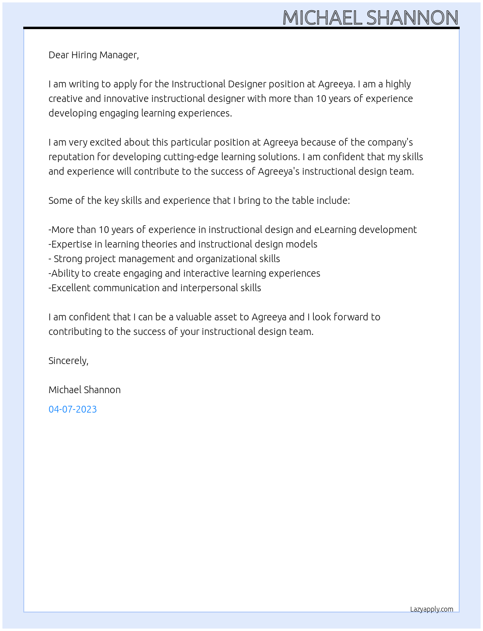 Instructional Designer At Agreeya Cover Letter