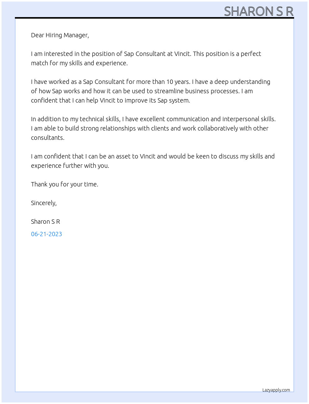 Sap  Consultant  At Vincit Cover Letter