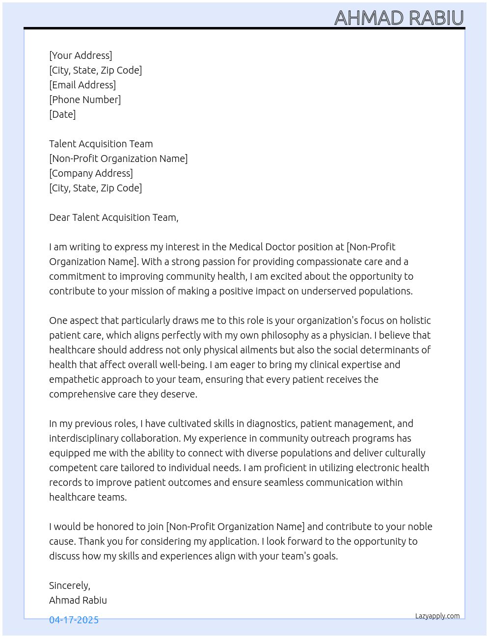 Medical Doctor At non for Profit organization Cover Letter