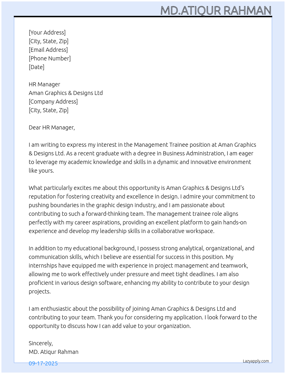 Management Trainee At Aman Graphics & Designs Ltd Cover Letter