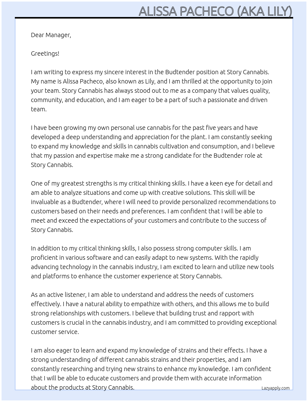 Budtender At Story Cannabis Cover Letter