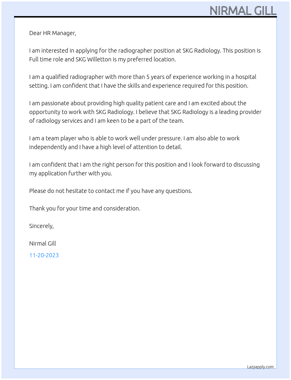 radiographer At SKG Radiology Cover Letter