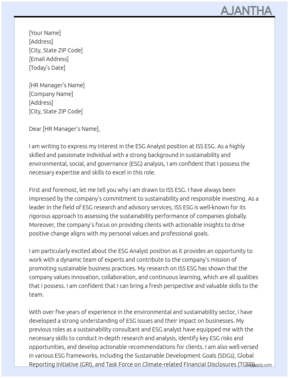 ESG analyst At ISS ESG Cover Letter