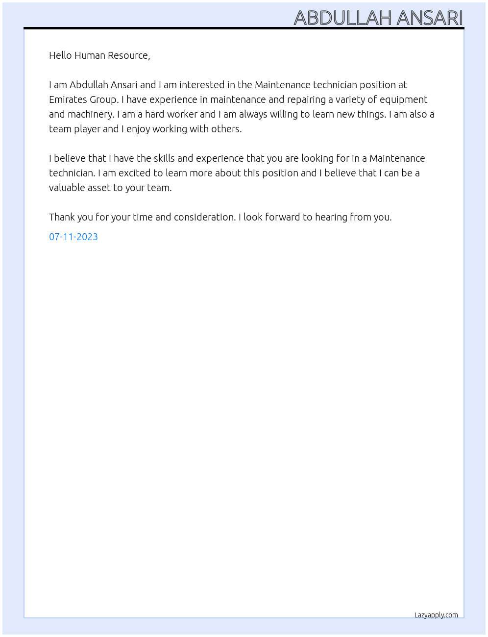 Maintenance technician At Emirates Group Cover Letter