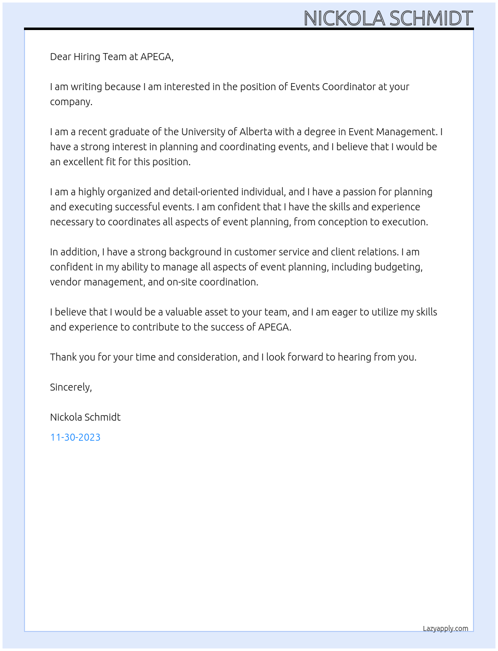 Events Coordinator At Association of Professional Engineers and Geoscientists of Alberta Cover Letter