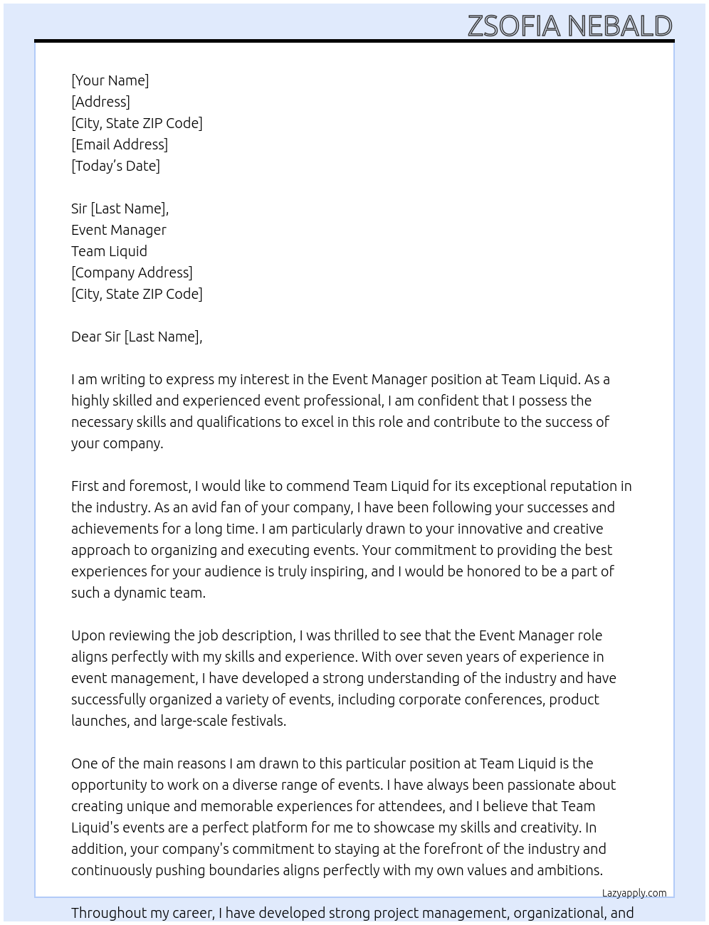 event manager At team liquid Cover Letter