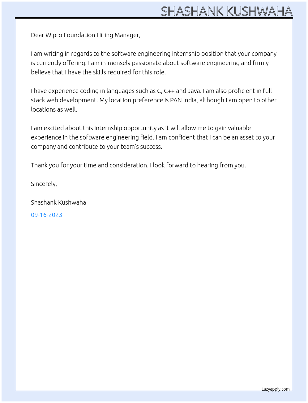 Software Engineering Internship At Wipro Cover Letter