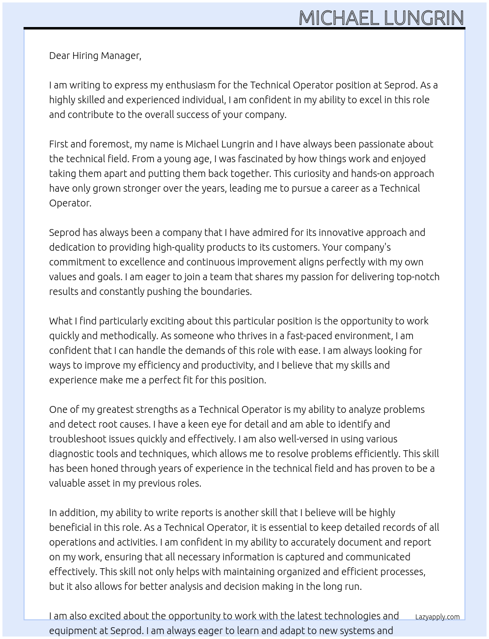 Technical Operator At Seprod Cover Letter