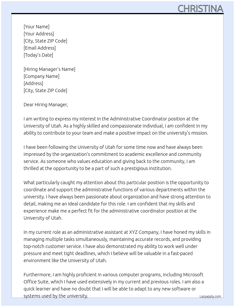 Administrative Coordinator At University of Utah Cover Letter
