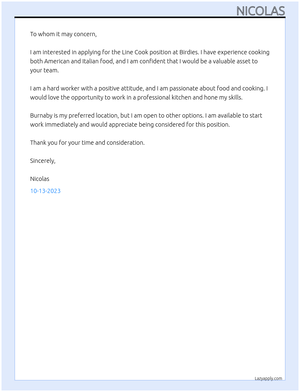 Line Cook At Birdies Cover Letter
