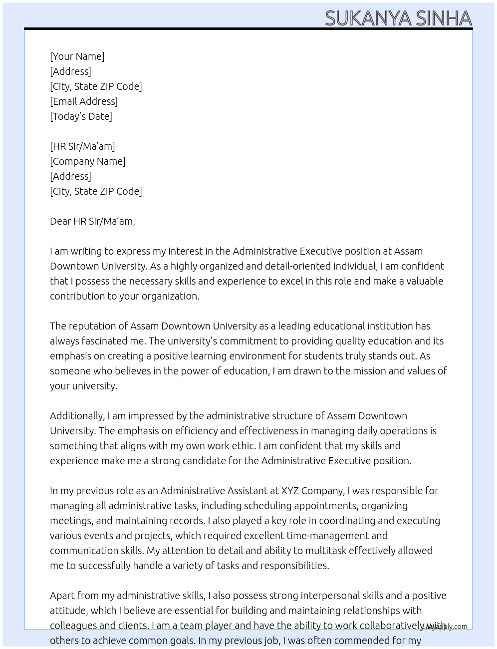 administrative executive At Assam Downtown University Cover Letter