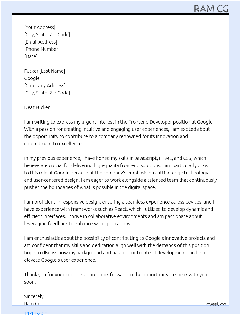 Frontend Developer At Google Cover Letter