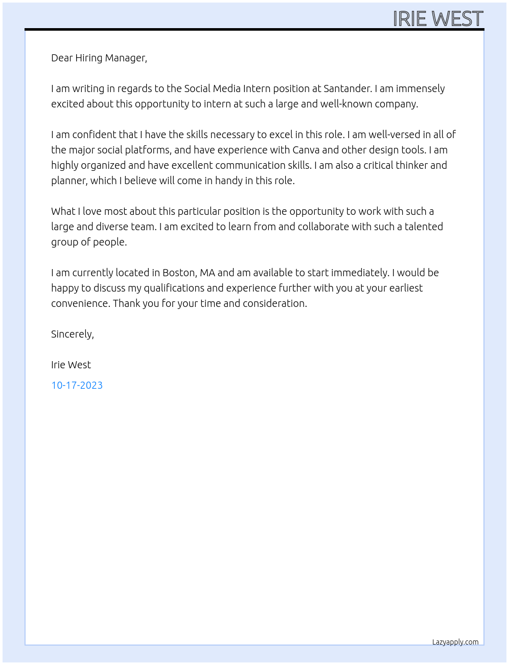 Social Media Intern At Santander Cover Letter