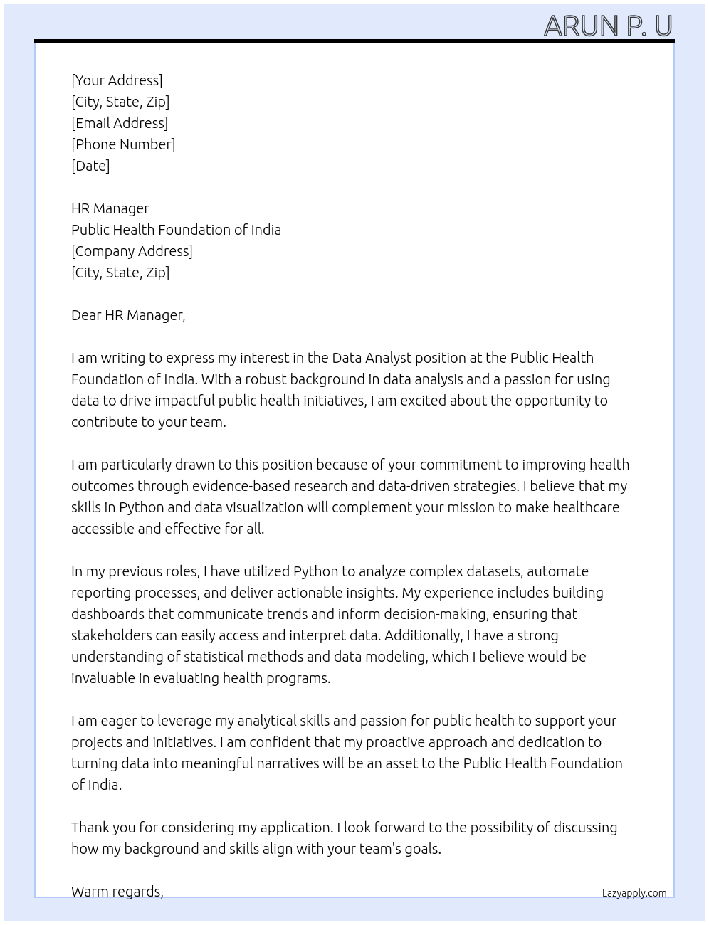 Data Analyst At Public Health Foundation of India Cover Letter