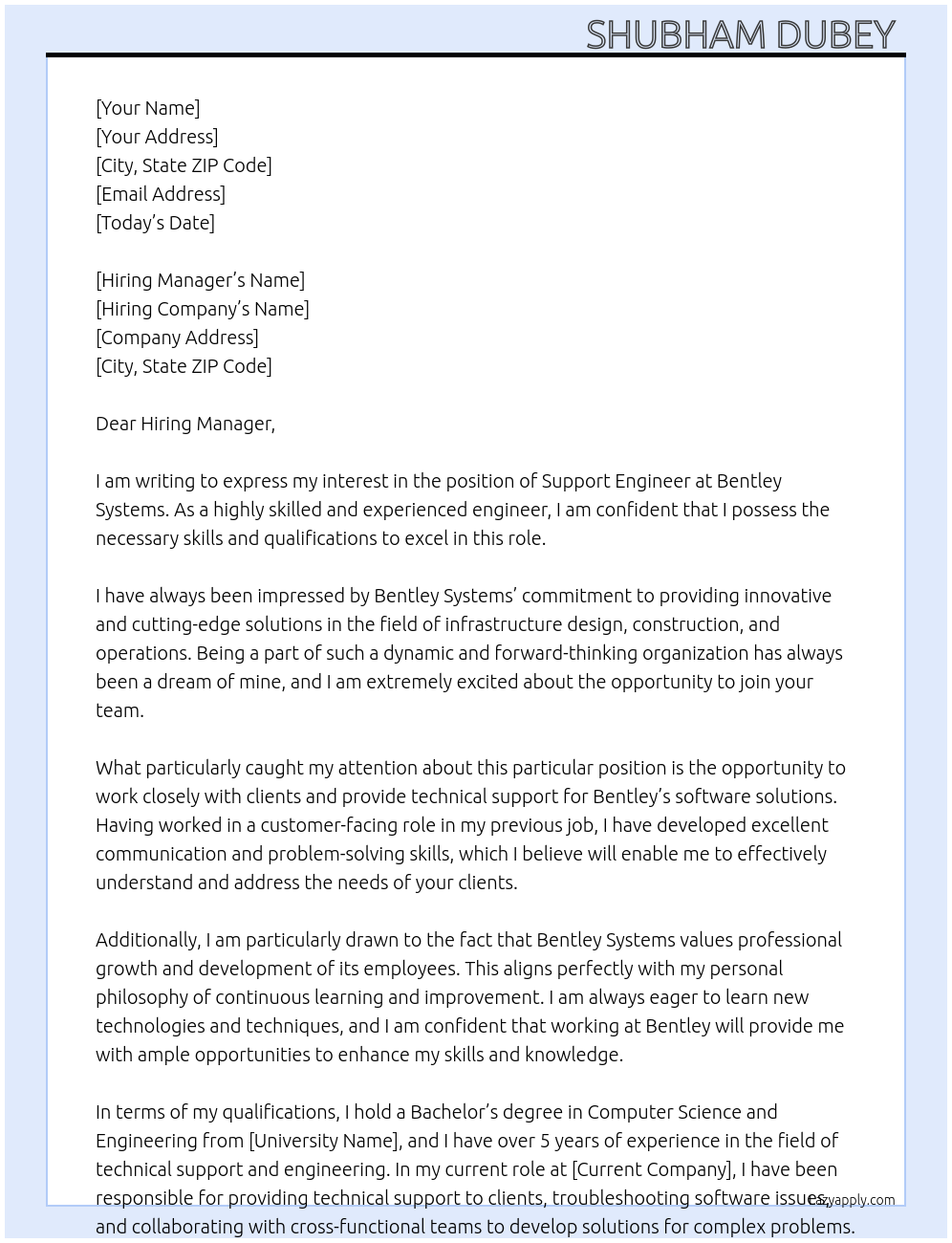 Support Engineer At Bentley Systems Cover Letter