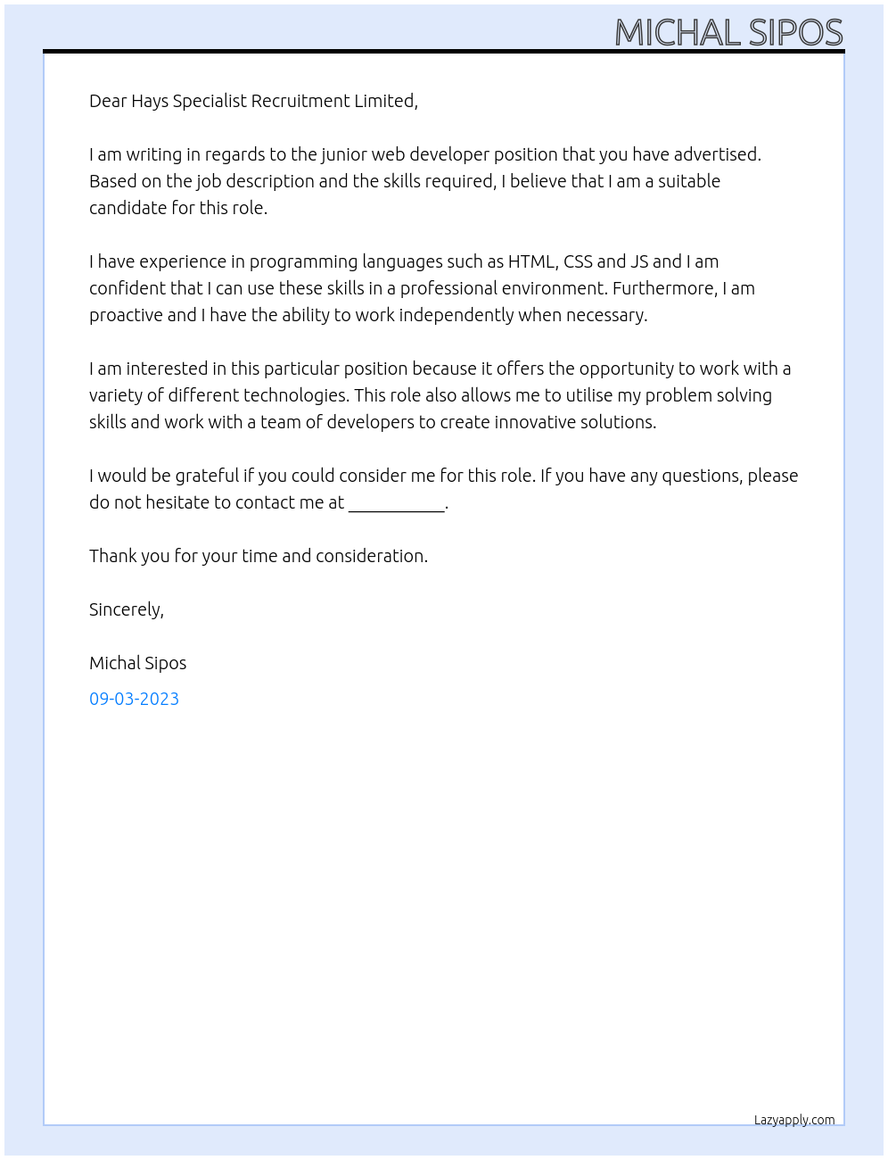 junior web developer At Hays Specialist Recruitment Limited Cover Letter