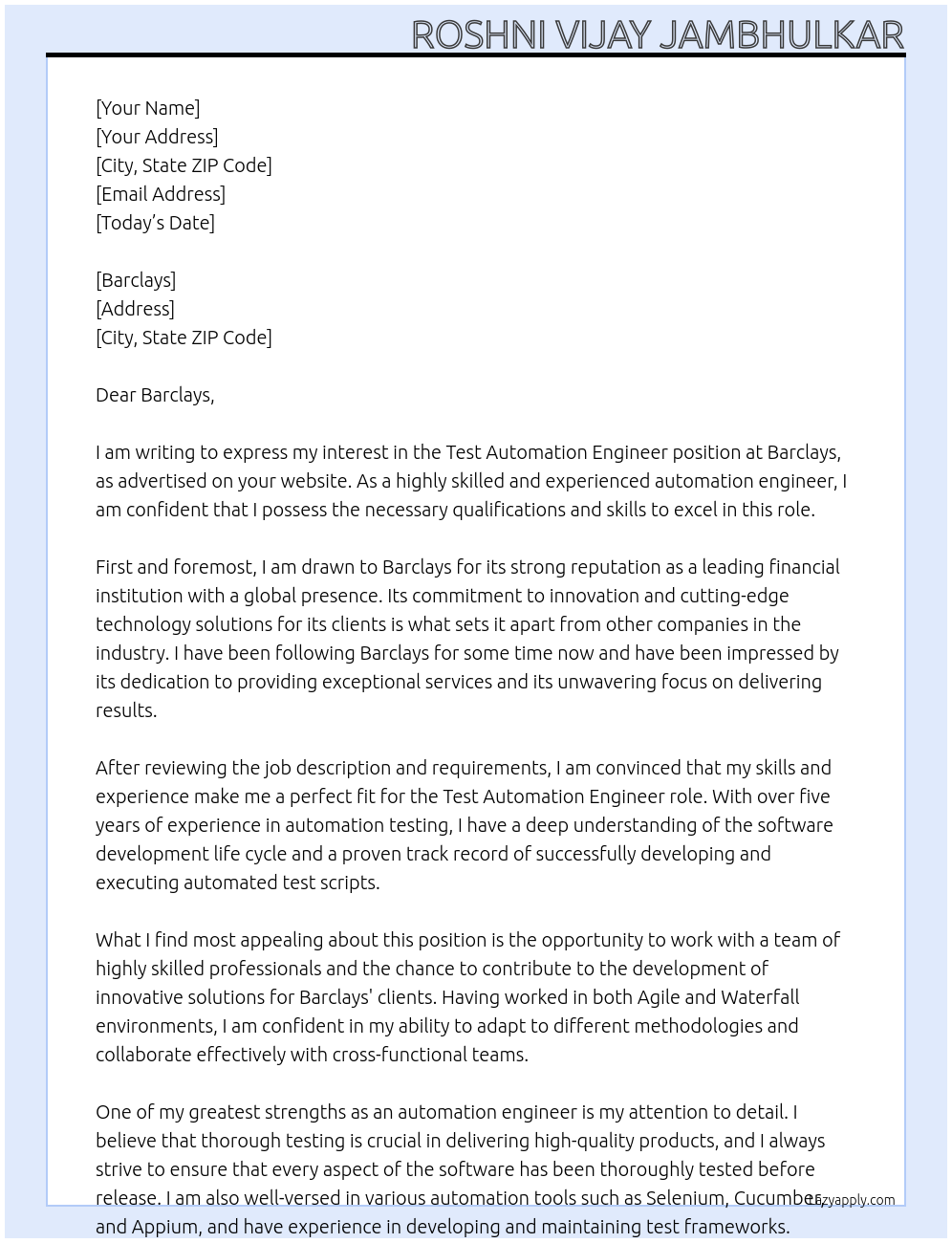 Test Automation Engineer At Barclays Cover Letter