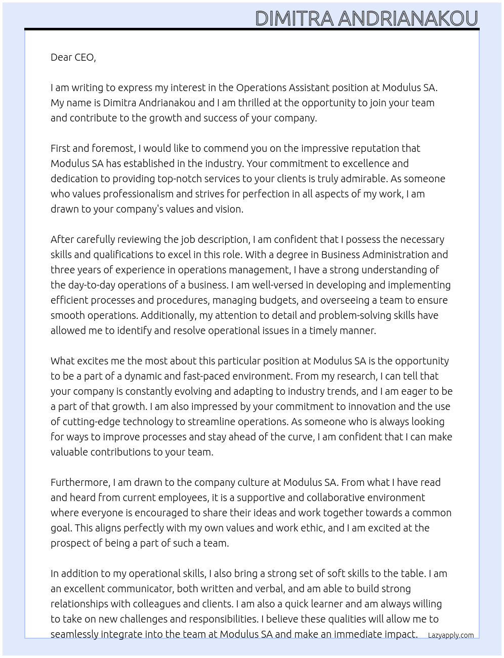 Operations Assistant At modulus SA Cover Letter