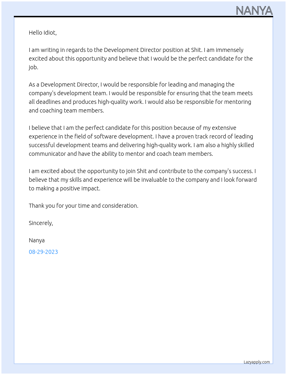 Development Director At Shit Cover Letter