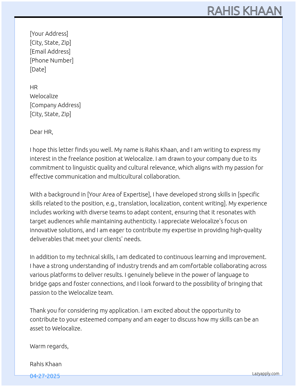 Freelance At welocalize Cover Letter