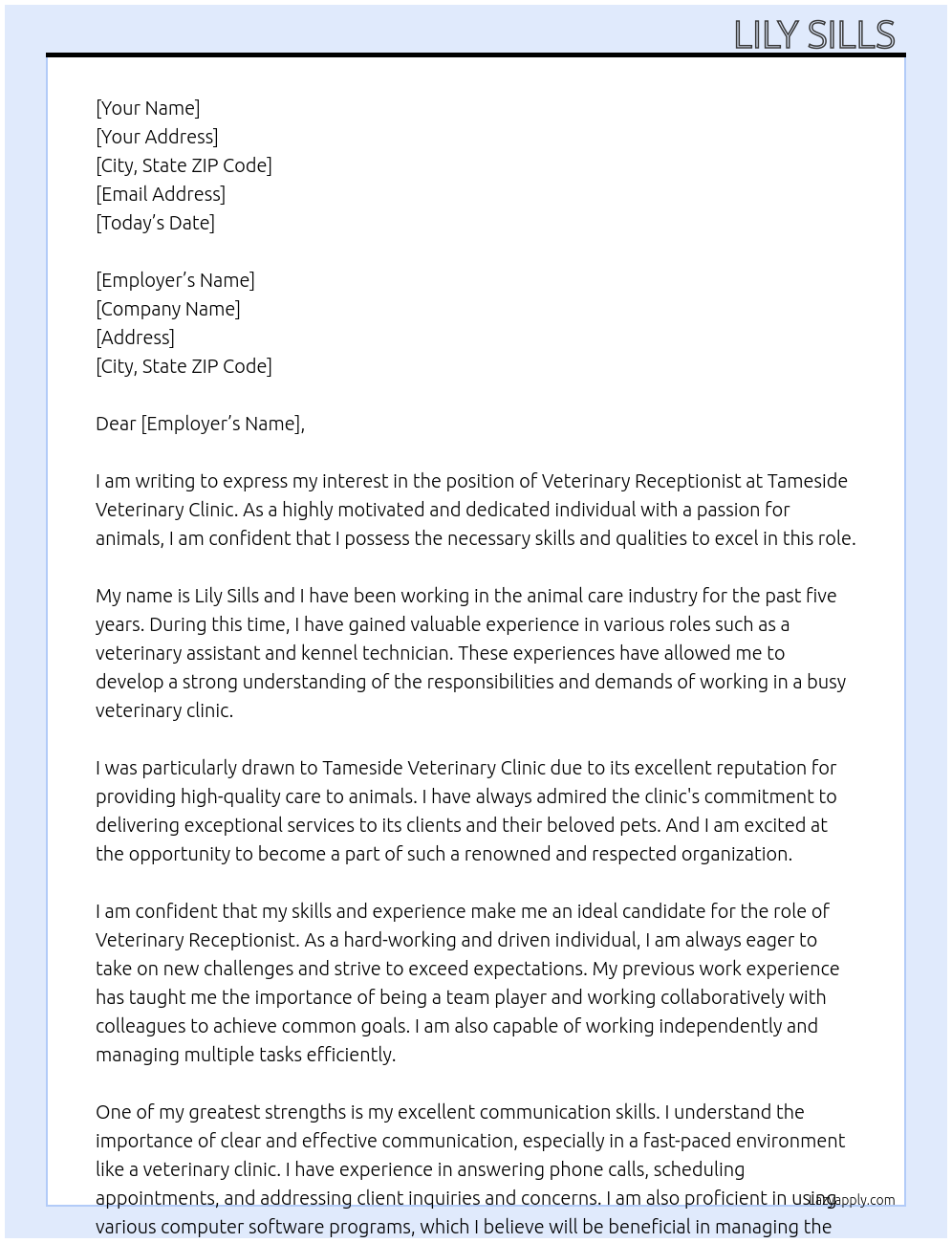 Veterinary receptionist At Tameside veterinary clinic Cover Letter