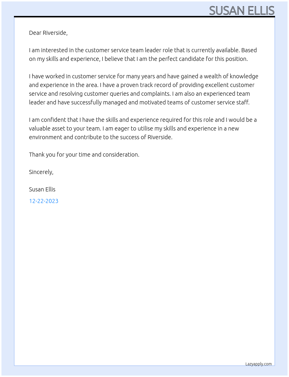 Customer service team leader At Riverside Cover Letter
