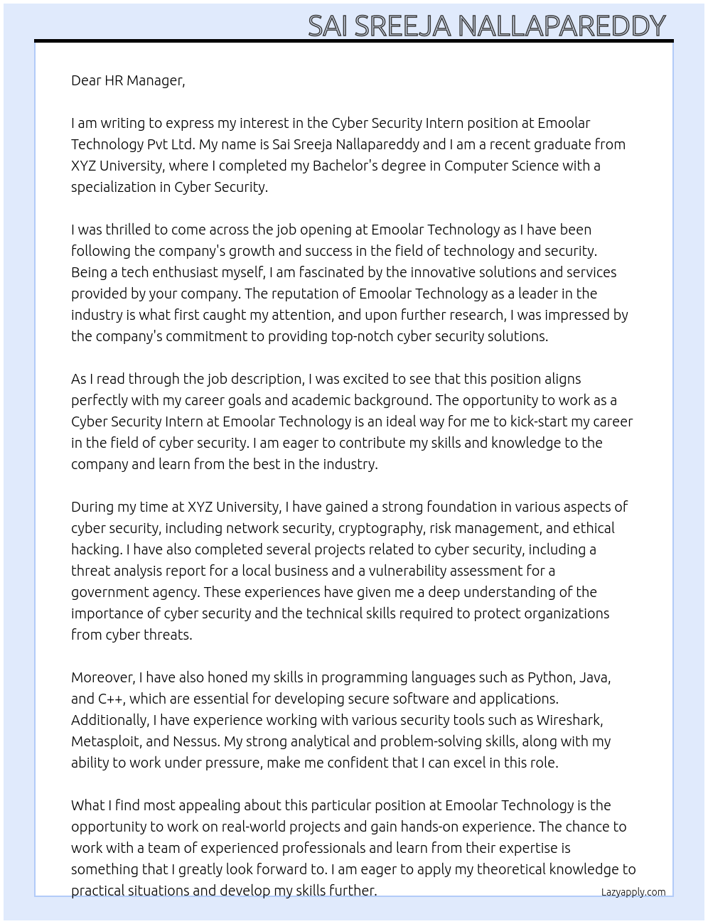 Cyber security Intern At Emoolar technology pvt Ltd Cover Letter