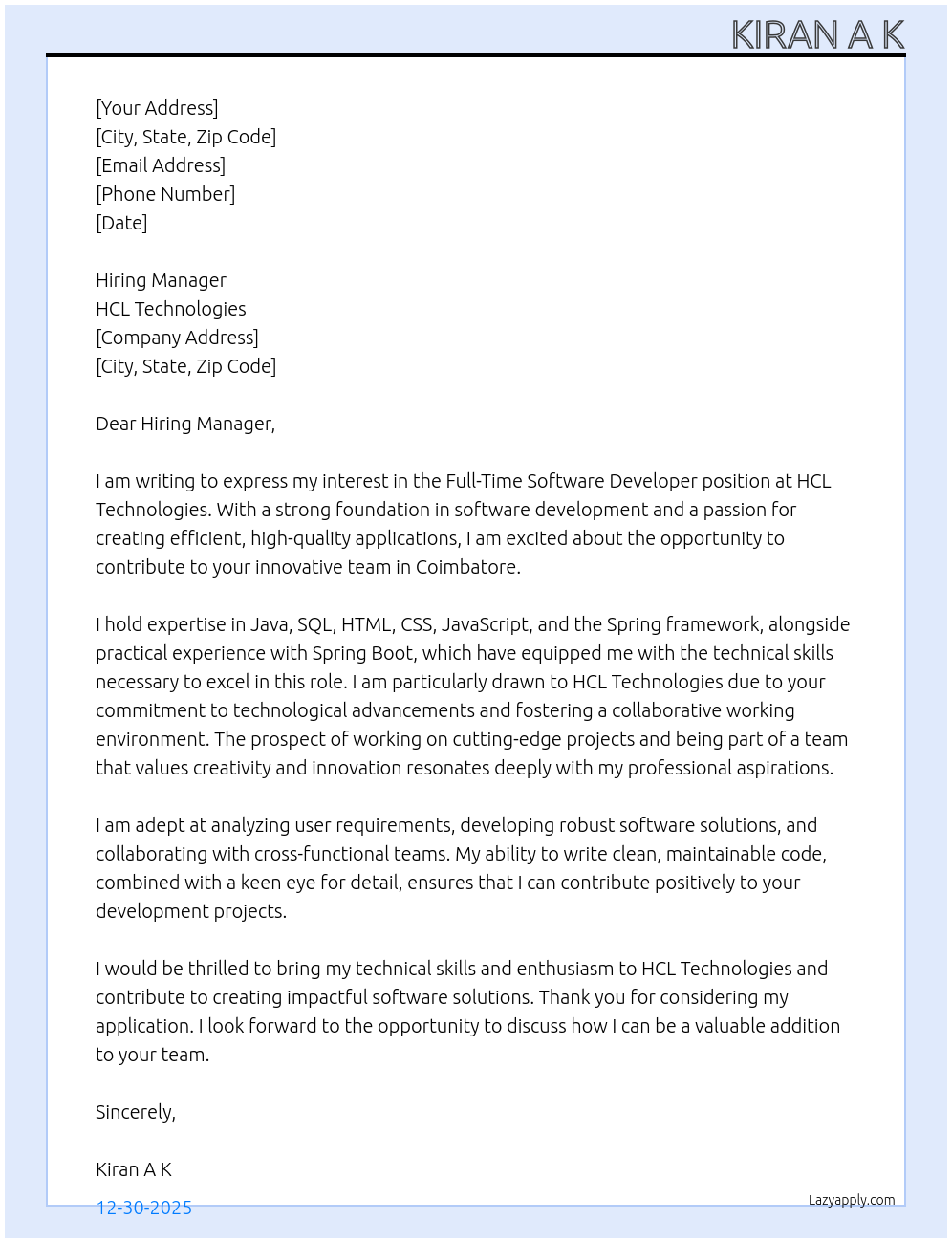 Software Developer At HCL Technologies Cover Letter