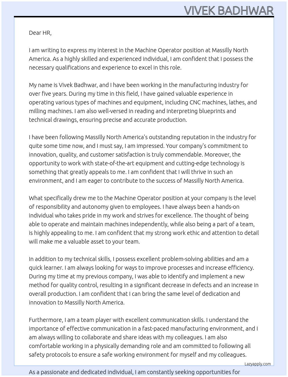 Machine operator At massilly north america Cover Letter
