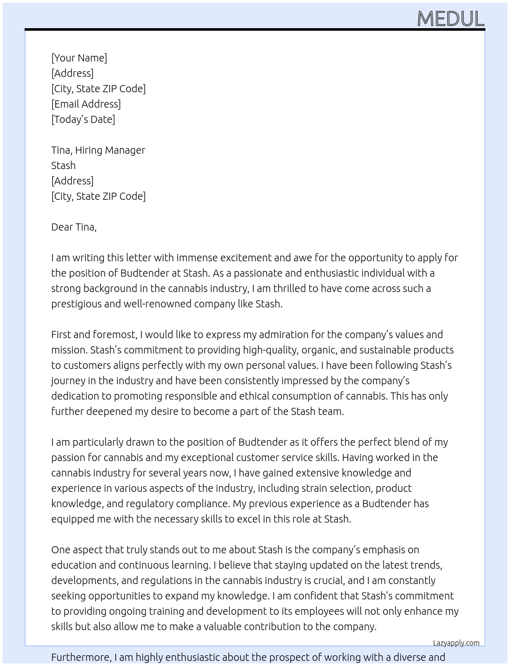 Budtender At Stash Cover Letter