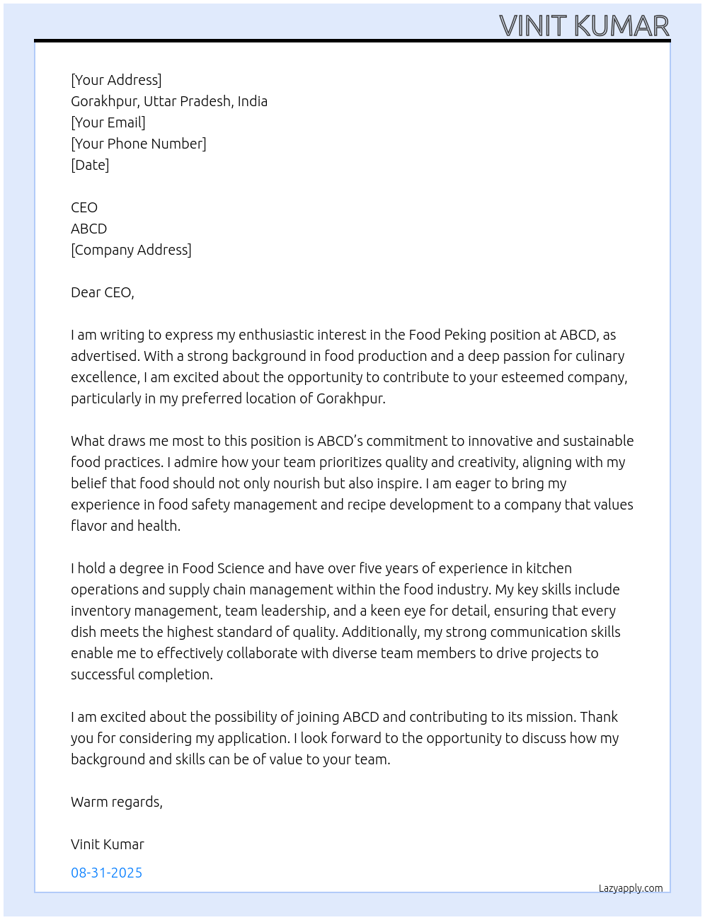 Food Peking At ABCD Cover Letter