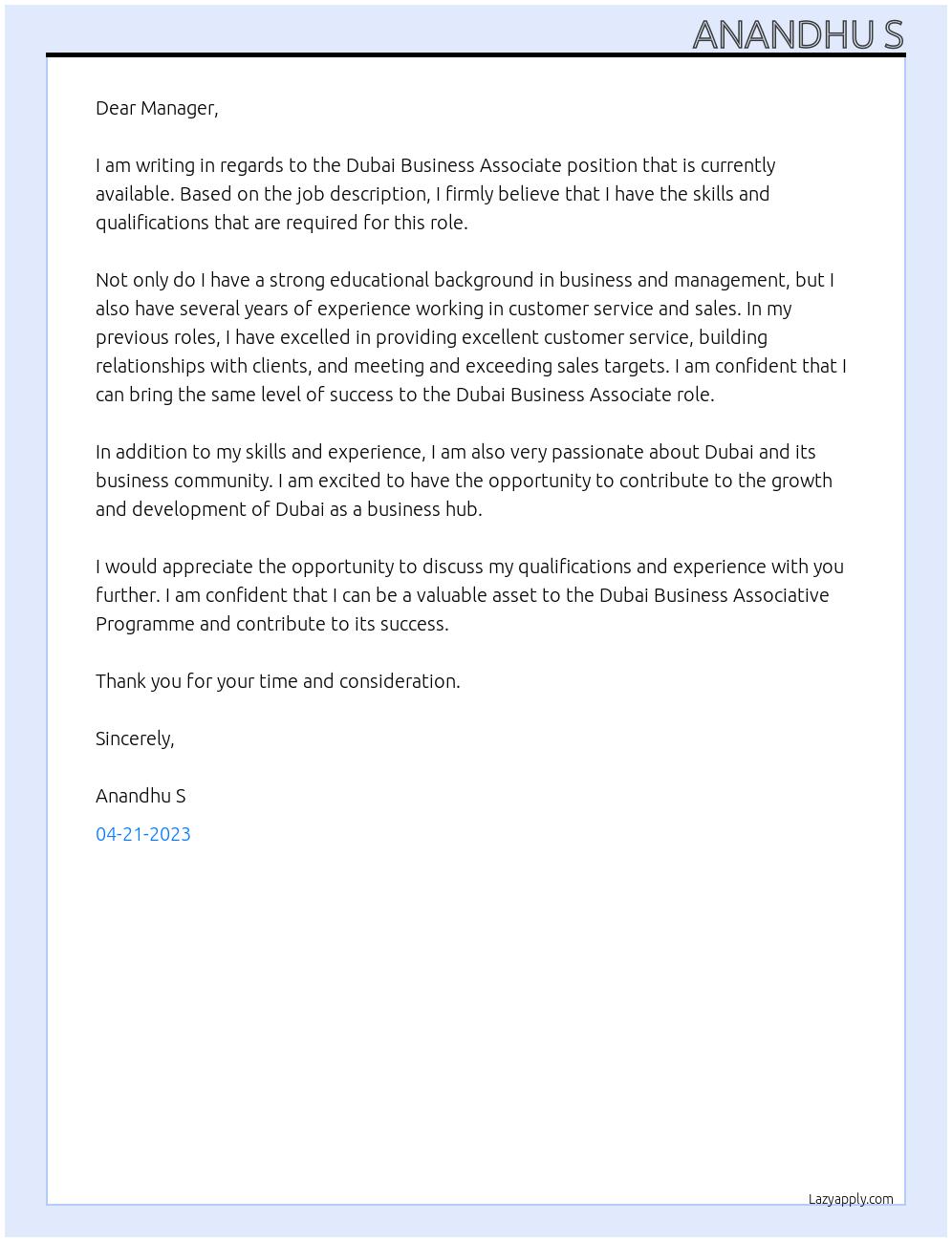 Dubai Business Associate At Dubai Business Associative Programme Cover Letter