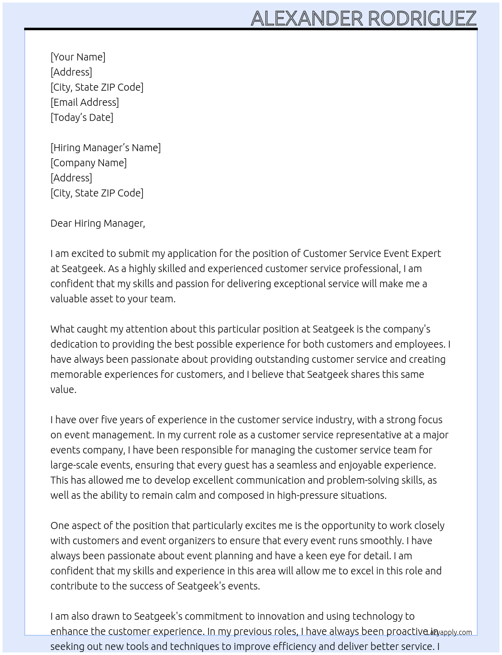 Customer Service Event Expert At Seatgeek Cover Letter
