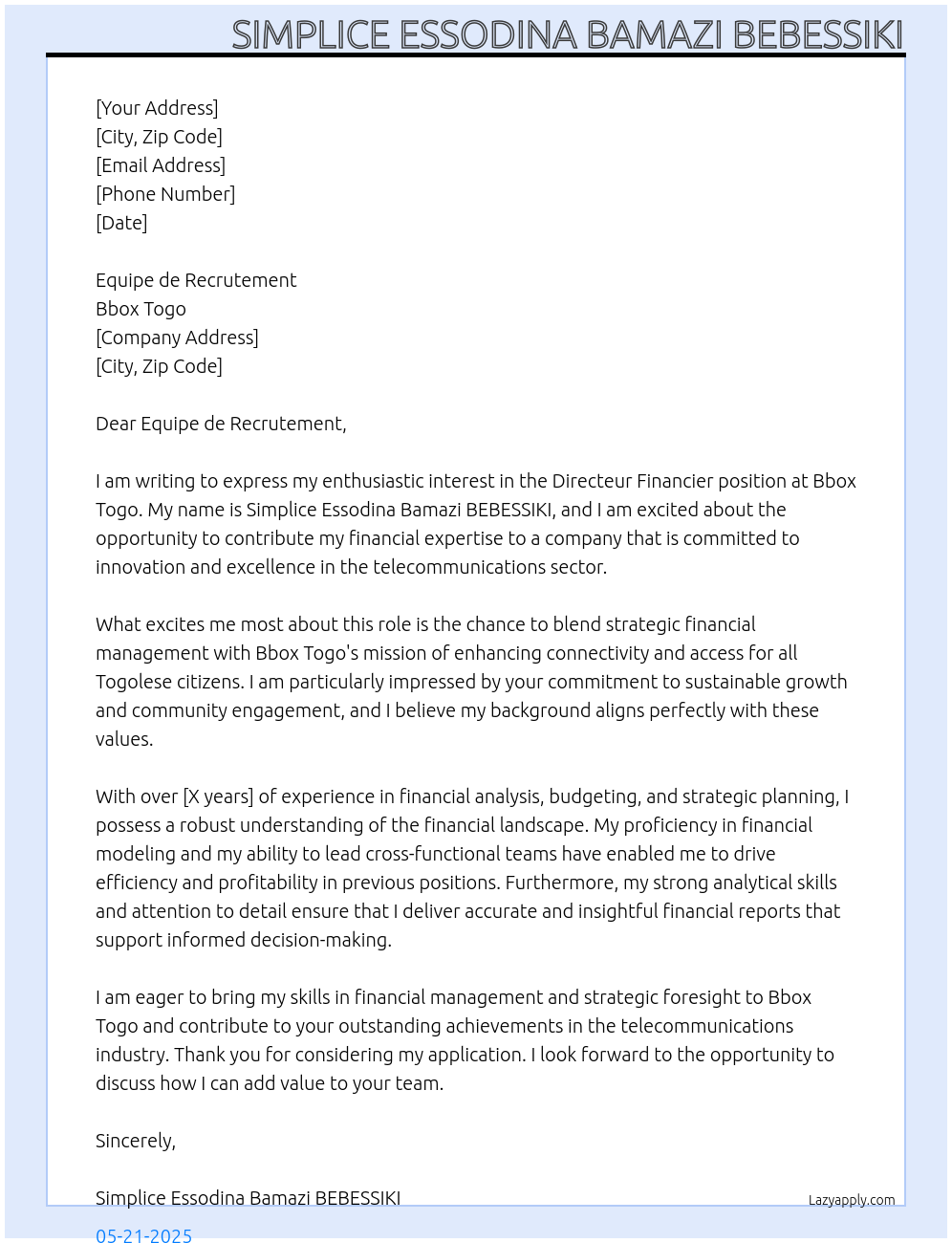 Cover letter for directeur financier - LazyApply