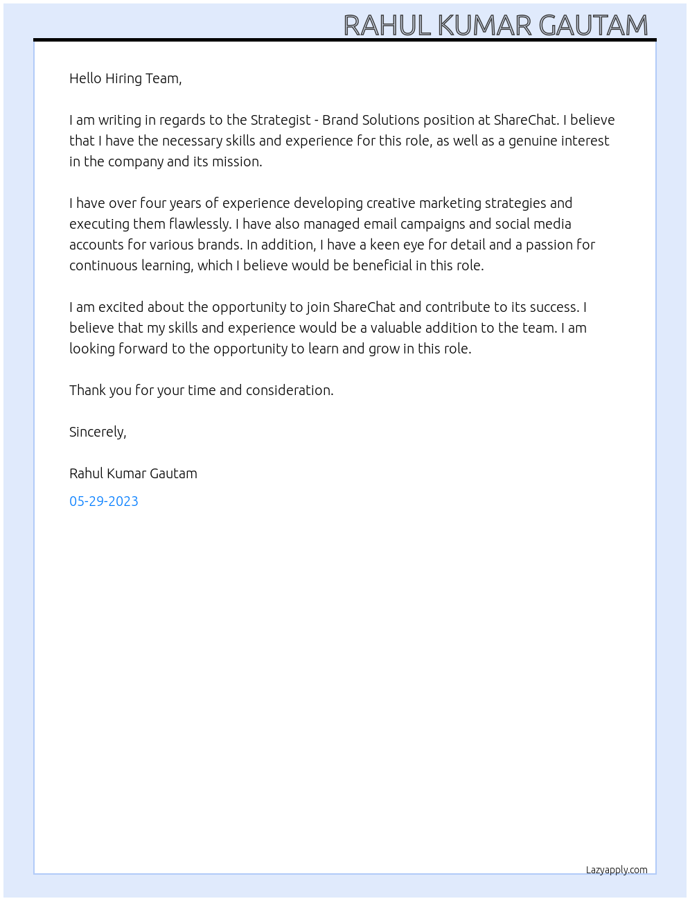 Strategist - Brand Solutions At ShareChat Cover Letter