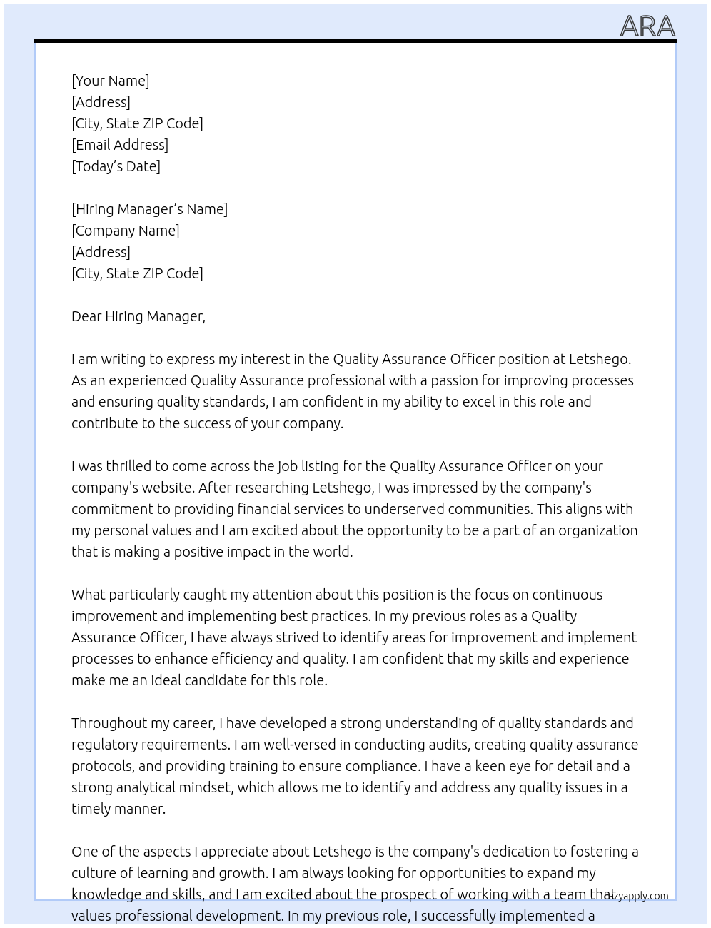 Quality Assurance Officer At Letshego Cover Letter