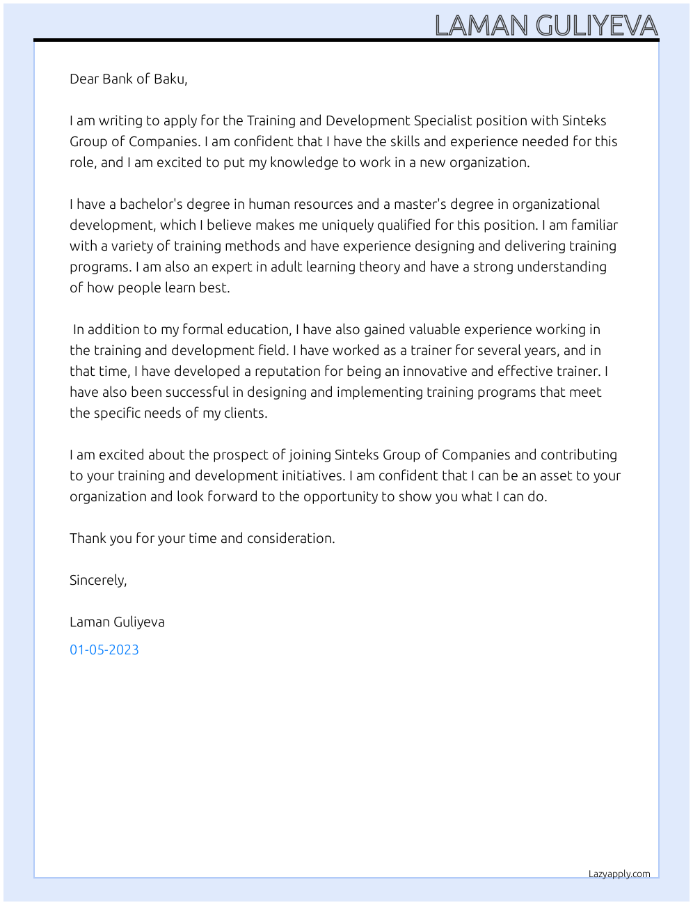 Cover Letter For Training And Development Specialist LazyApply