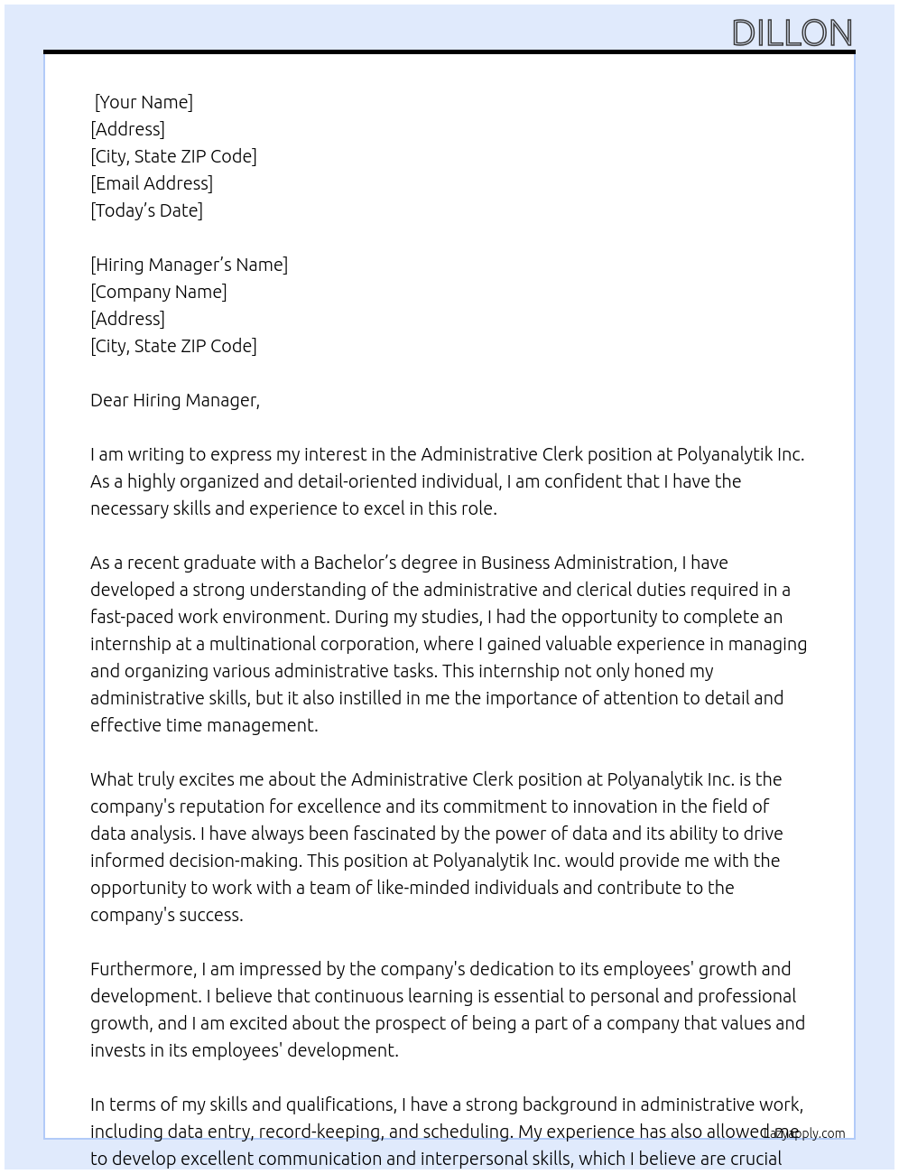 Administrative Clerk At Polyanalytik Inc Cover Letter