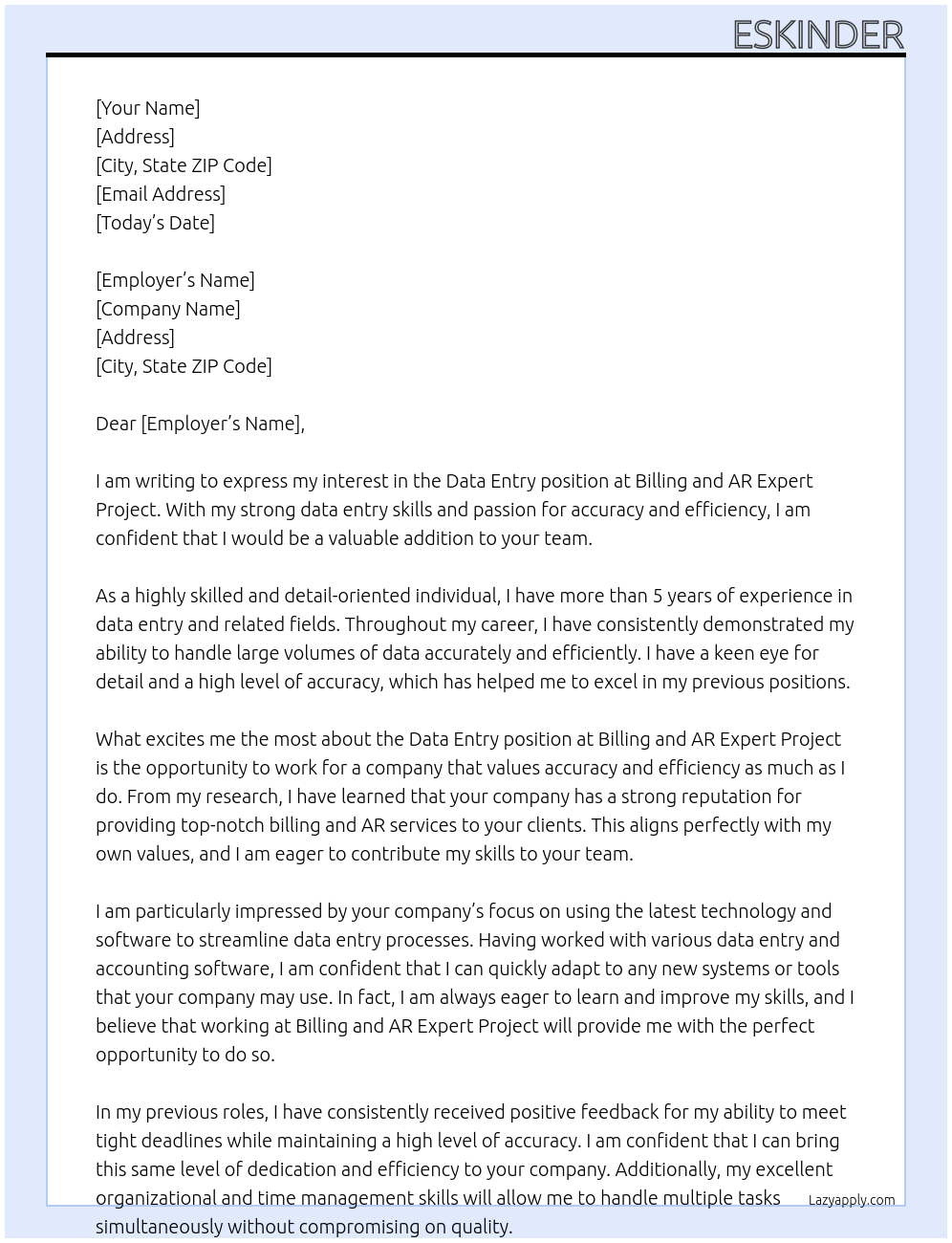 Data Entery At Billing and AR expert Project Cover Letter